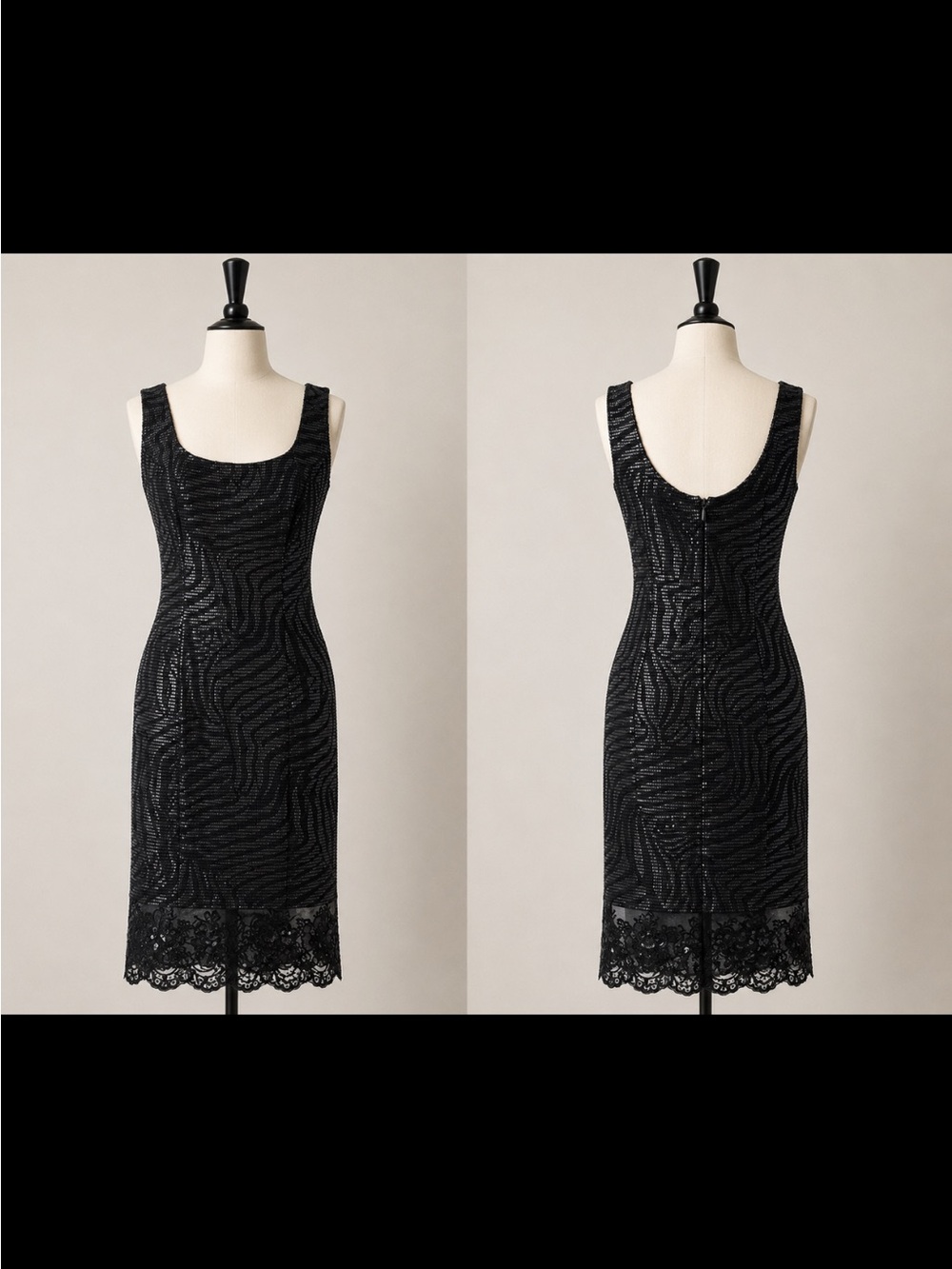 Sleeveless Black Sequin Midi Dress with Lace Hem